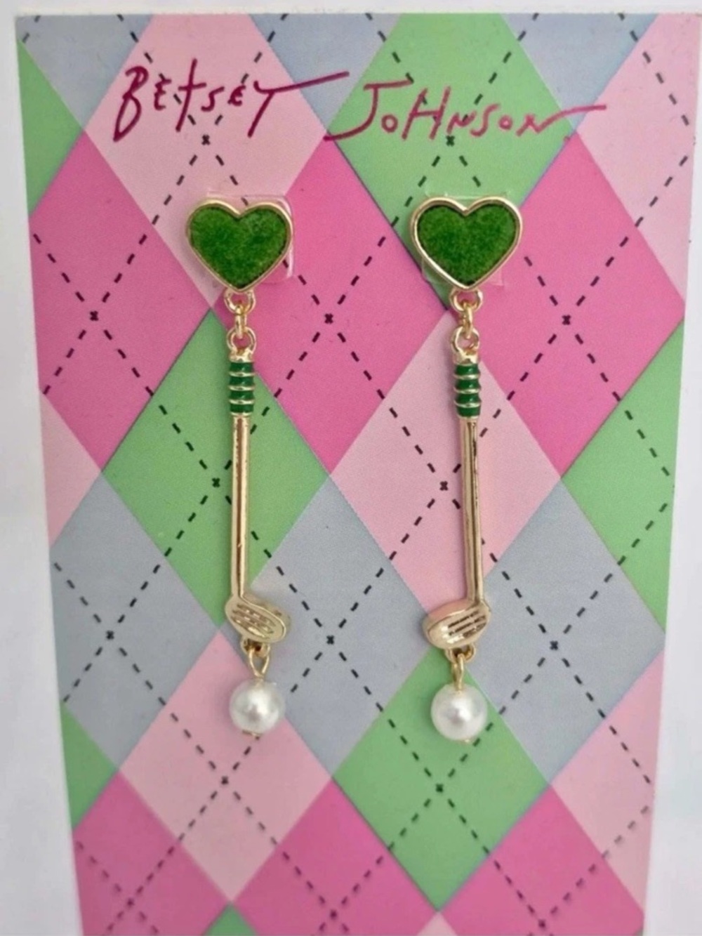 Betsey Johnson HEART GOLF CLUB Gold Tone Faux Pearl & Enamel Drop Earrings- NEW